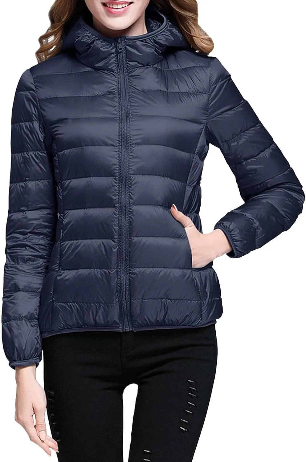 Women 2024 Winter Quilted Puffer Coat Long Sleeve Hooded Waterproof Outwear Lightweight Warm Fit Overcoat Outdoor Suits