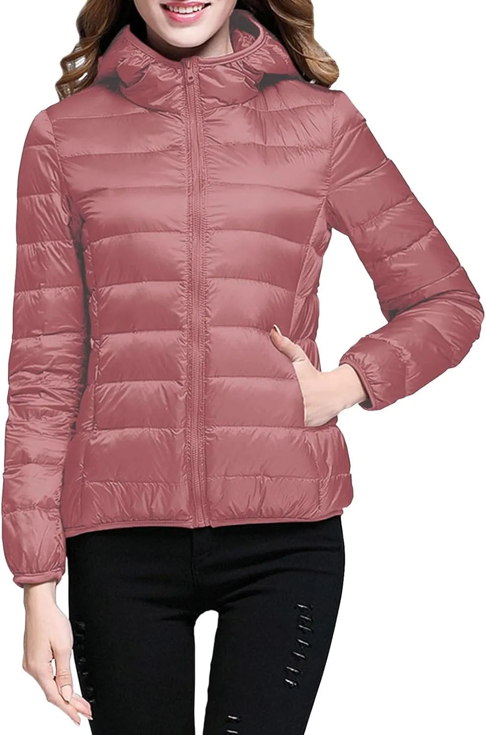 Women 2024 Winter Quilted Puffer Coat Long Sleeve Hooded Waterproof Outwear Lightweight Warm Fit Overcoat Outdoor Suits