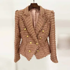 Women Camel Tweed Golden Buttons Fitted Blazer   Mid- Waist Shorts Suit / Wedding Suit, Birthday Party Set