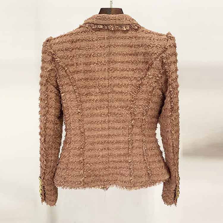 Women Camel Tweed Golden Buttons Fitted Blazer   Mid- Waist Shorts Suit / Wedding Suit, Birthday Party Set