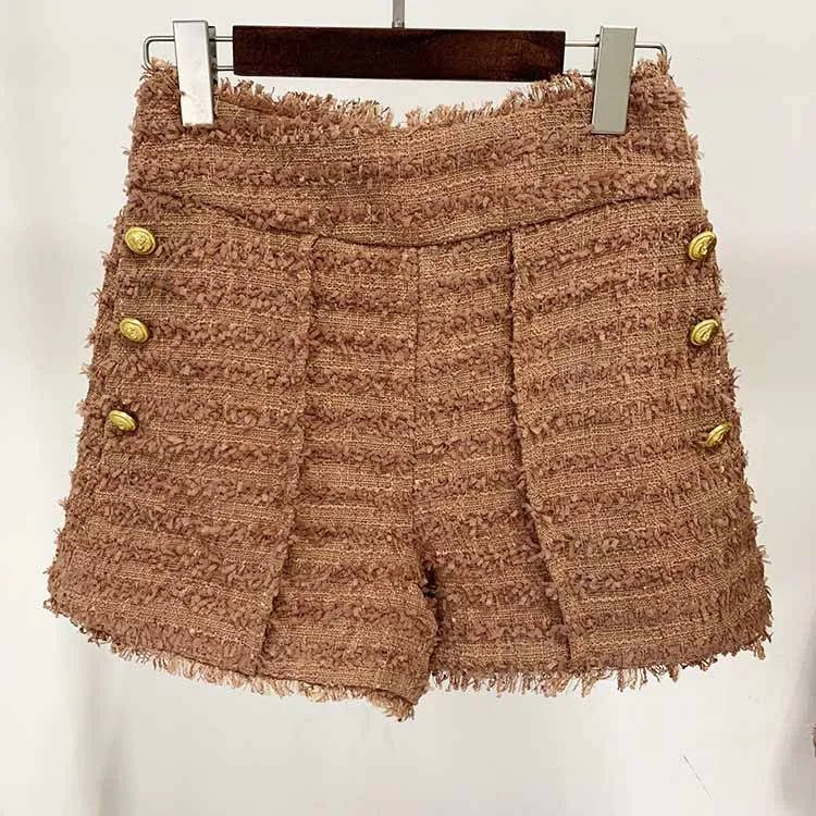 Women Camel Tweed Golden Buttons Fitted Blazer   Mid- Waist Shorts Suit / Wedding Suit, Birthday Party Set