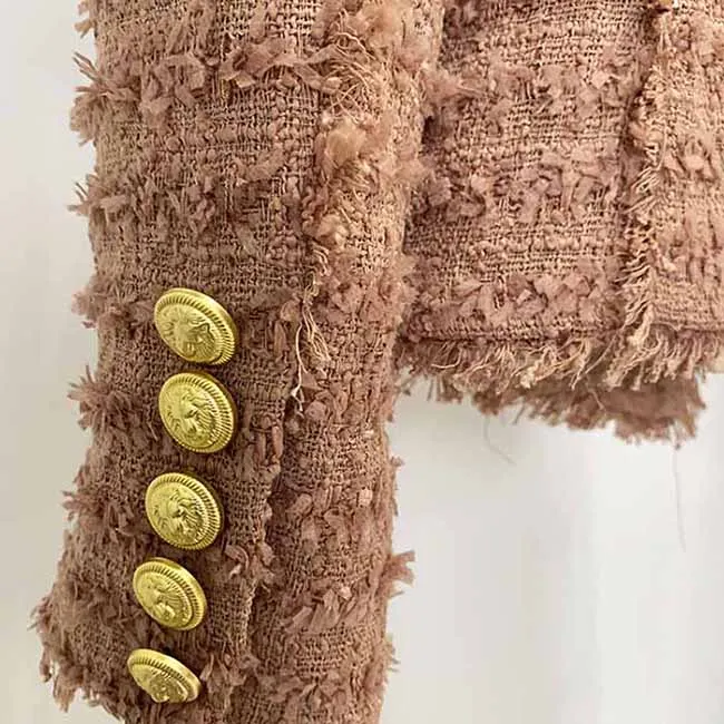 Women Camel Tweed Golden Buttons Fitted Blazer   Mid- Waist Shorts Suit / Wedding Suit, Birthday Party Set