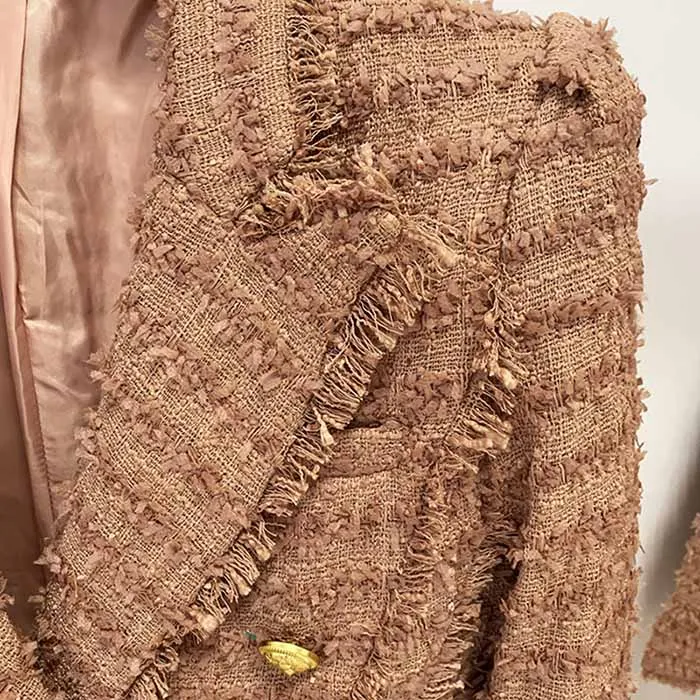 Women Camel Tweed Golden Buttons Fitted Blazer   Mid- Waist Shorts Suit / Wedding Suit, Birthday Party Set