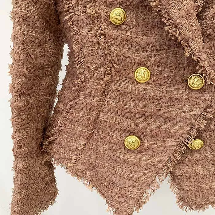 Women Camel Tweed Golden Buttons Fitted Blazer   Mid- Waist Shorts Suit / Wedding Suit, Birthday Party Set