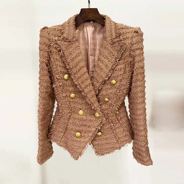 Women Camel Tweed Golden Buttons Fitted Blazer   Mid- Waist Shorts Suit / Wedding Suit, Birthday Party Set
