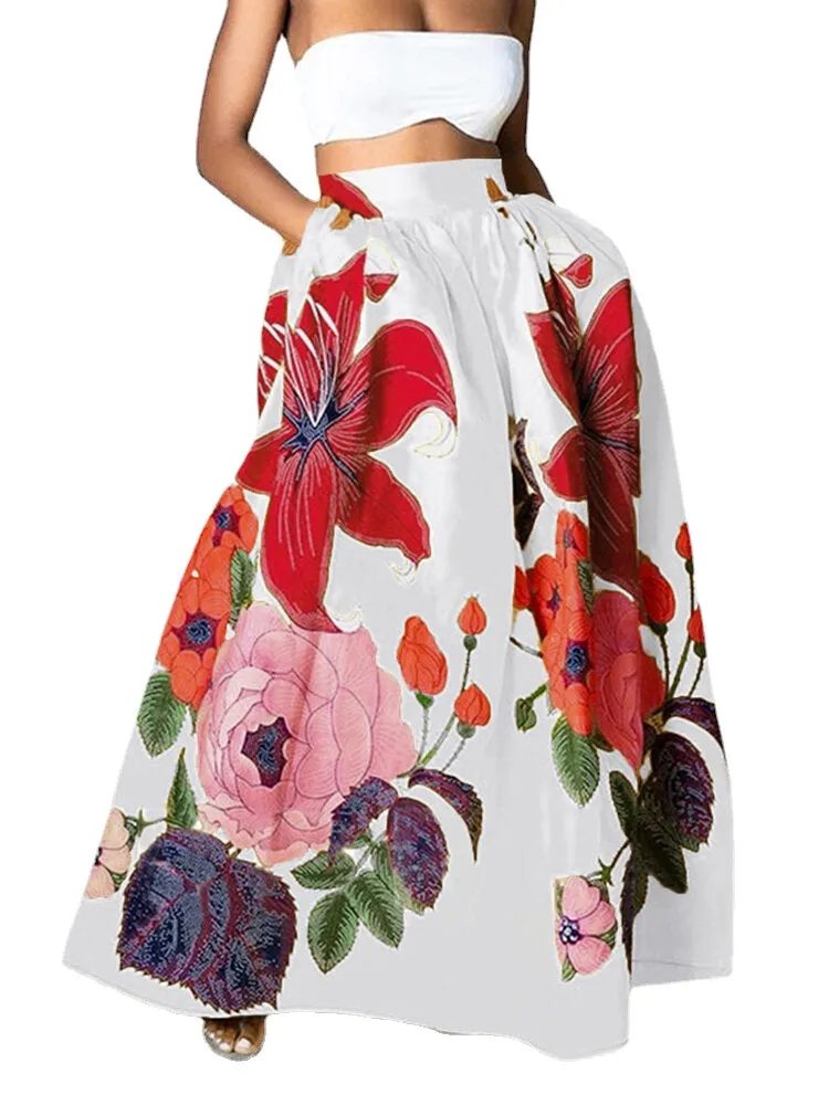 Women Floral Print Casual Elastic High Waisted Holiday Maxi Skirts With Pocket