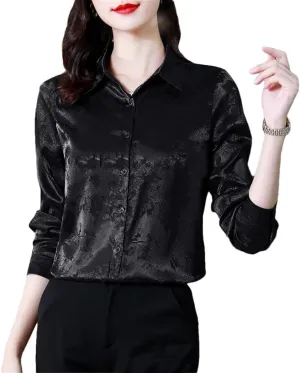 Women Jacquard Satin Blouse Long Sleeve Button Down Shirt Solid Color Office Wear