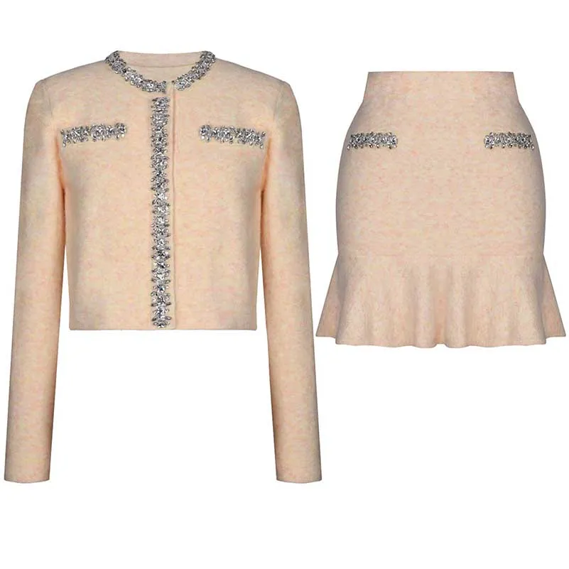 Women Knit Cardigan Jacket   Short Skirt Two Pieces Skirt Suit