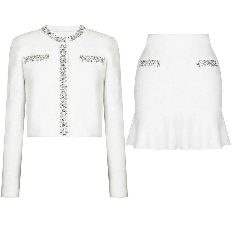 Women Knit Cardigan Jacket   Short Skirt Two Pieces Skirt Suit