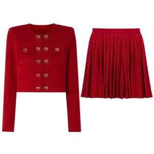 Women Knitted Cardigan Jacket   Pleated Short Skirt Two Pieces Skirt Suit