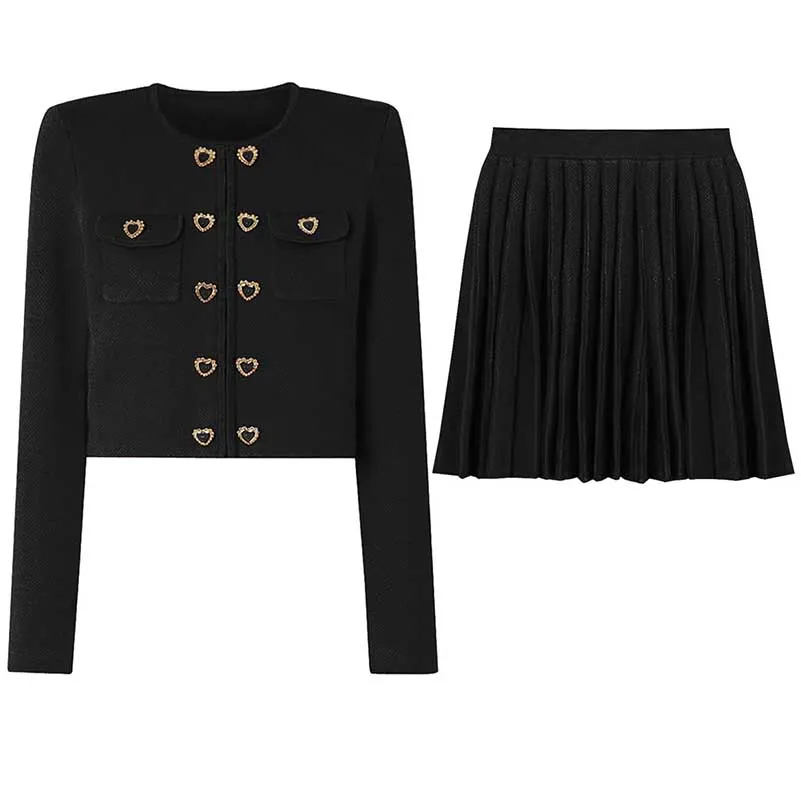 Women Knitted Cardigan Jacket   Pleated Short Skirt Two Pieces Skirt Suit