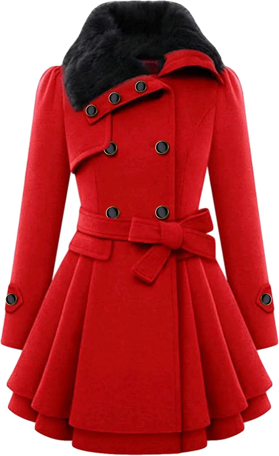 Women Lapel Faux Fur Collar Jacket Solid Color Long Sleeve Peacoats Double Breasted Wool Blend Casual Trench Coat