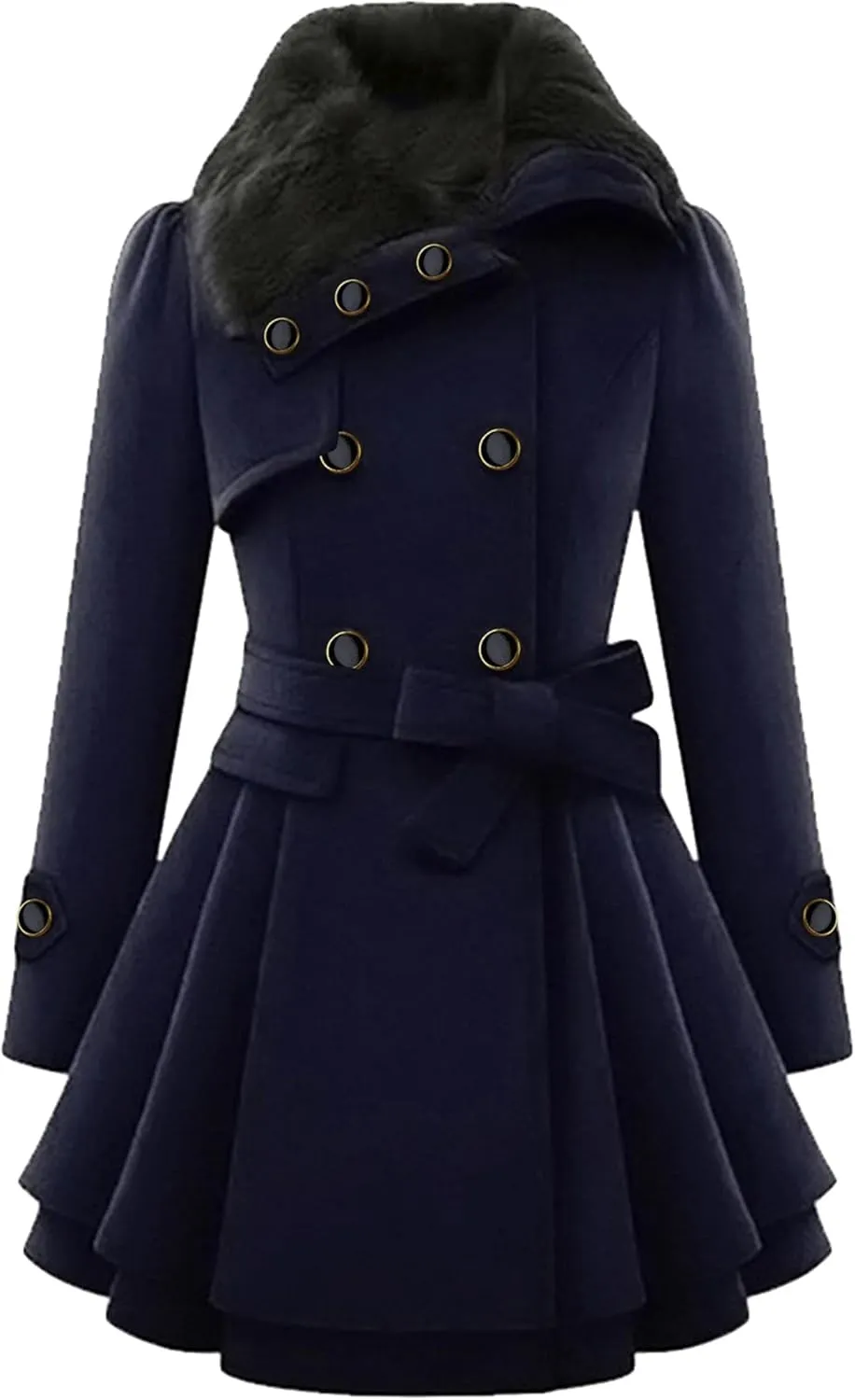 Women Lapel Faux Fur Collar Jacket Solid Color Long Sleeve Peacoats Double Breasted Wool Blend Casual Trench Coat