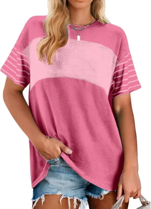 Women Summer Casual Shirts Short Sleeve Striped Loose Crewneck Color Block Tops Vacation Trendy Tshirts Tee Blouses