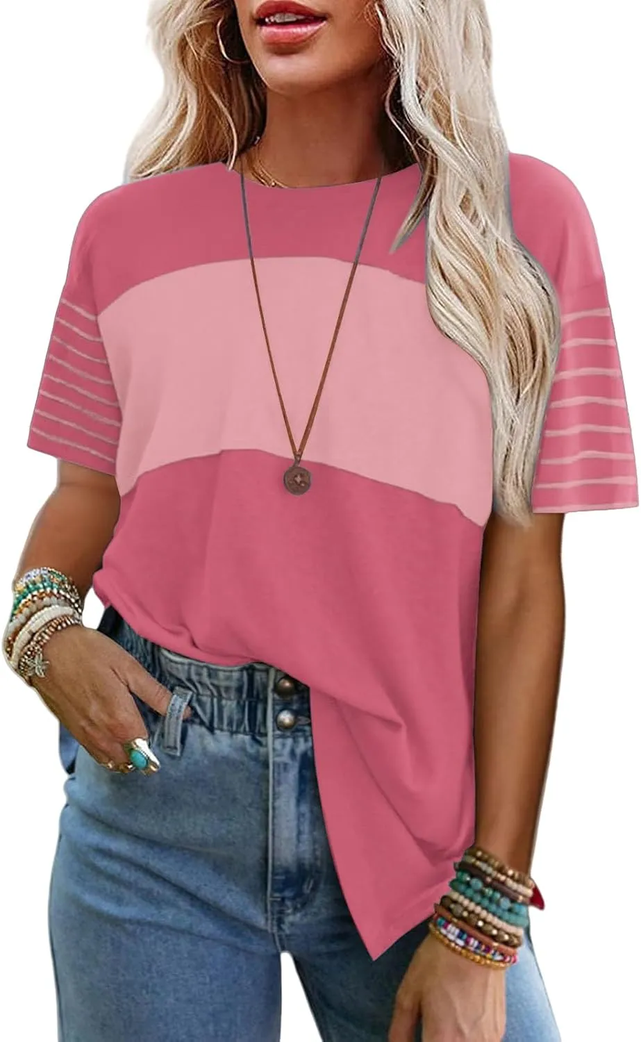 Women Summer Casual Shirts Short Sleeve Striped Loose Crewneck Color Block Tops Vacation Trendy Tshirts Tee Blouses