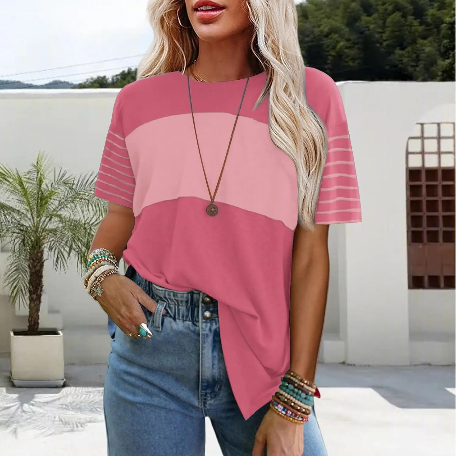 Women Summer Casual Shirts Short Sleeve Striped Loose Crewneck Color Block Tops Vacation Trendy Tshirts Tee Blouses
