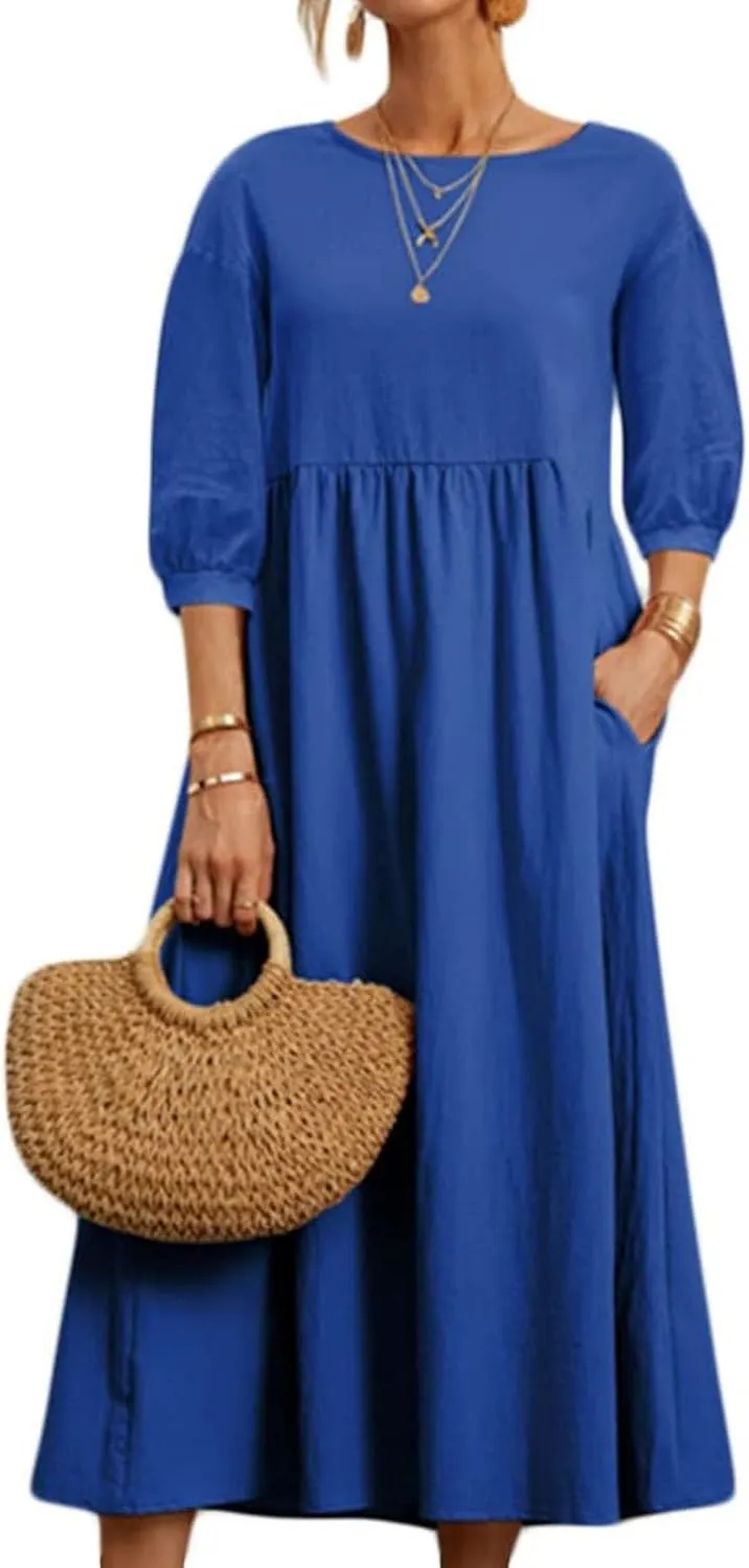 Women Summer Maxi Dress Cotton Linen Casual Comfy Crew Neck Half Sleeve Sundress Loose Solid Beach Dress with Pockets