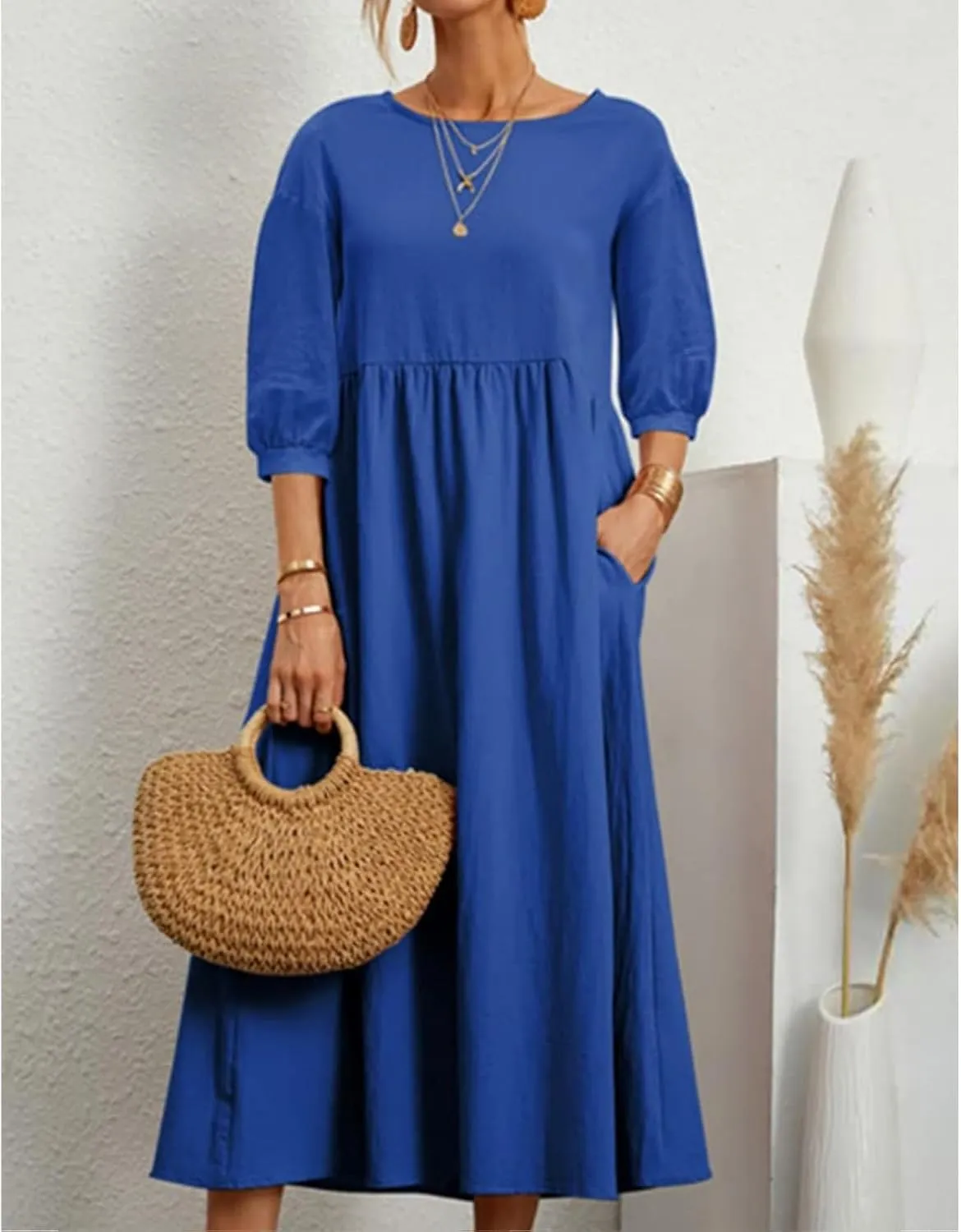 Women Summer Maxi Dress Cotton Linen Casual Comfy Crew Neck Half Sleeve Sundress Loose Solid Beach Dress with Pockets