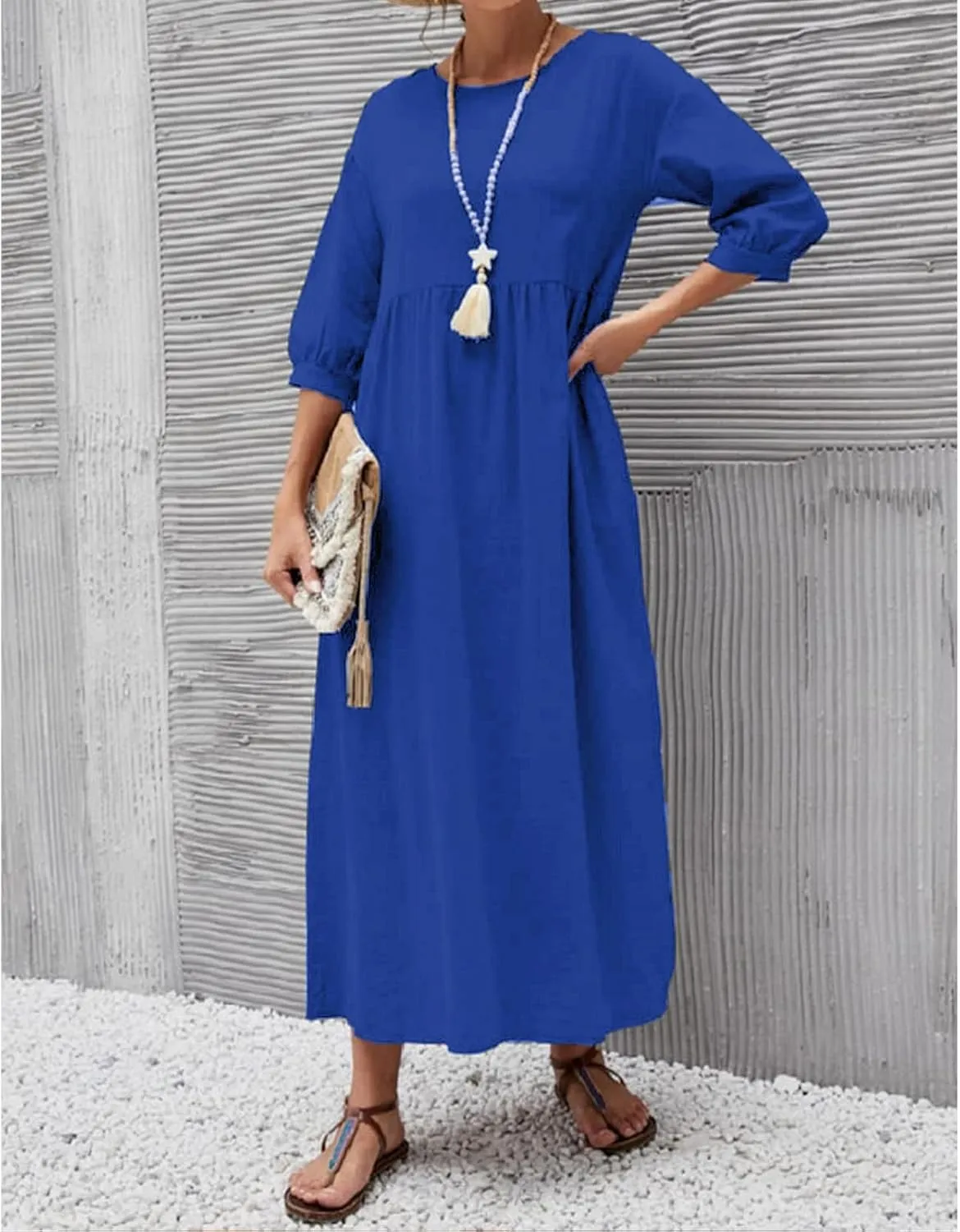 Women Summer Maxi Dress Cotton Linen Casual Comfy Crew Neck Half Sleeve Sundress Loose Solid Beach Dress with Pockets