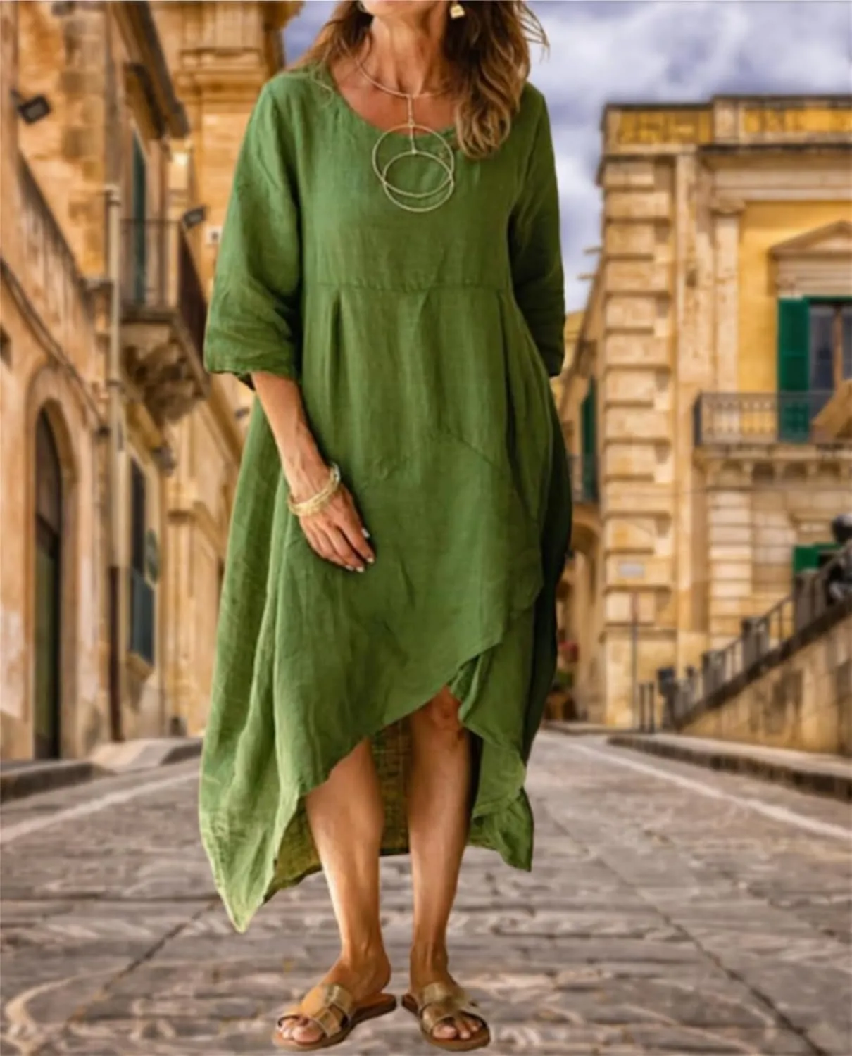Women Summer Short Sleeve Cotton Linen Casual Loose Dress Oversized Crewneck Long Dress Solid Beach Flowy Dresses
