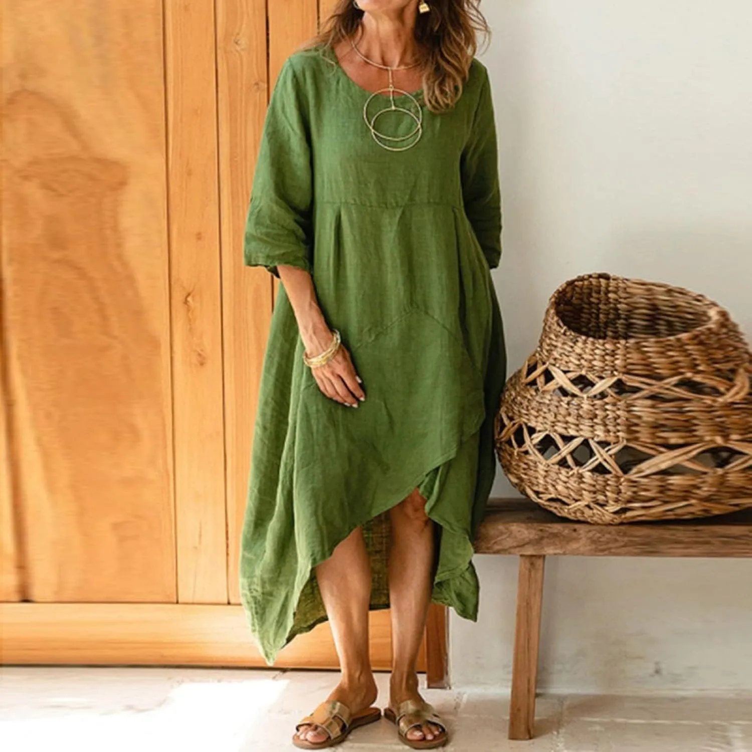 Women Summer Short Sleeve Cotton Linen Casual Loose Dress Oversized Crewneck Long Dress Solid Beach Flowy Dresses
