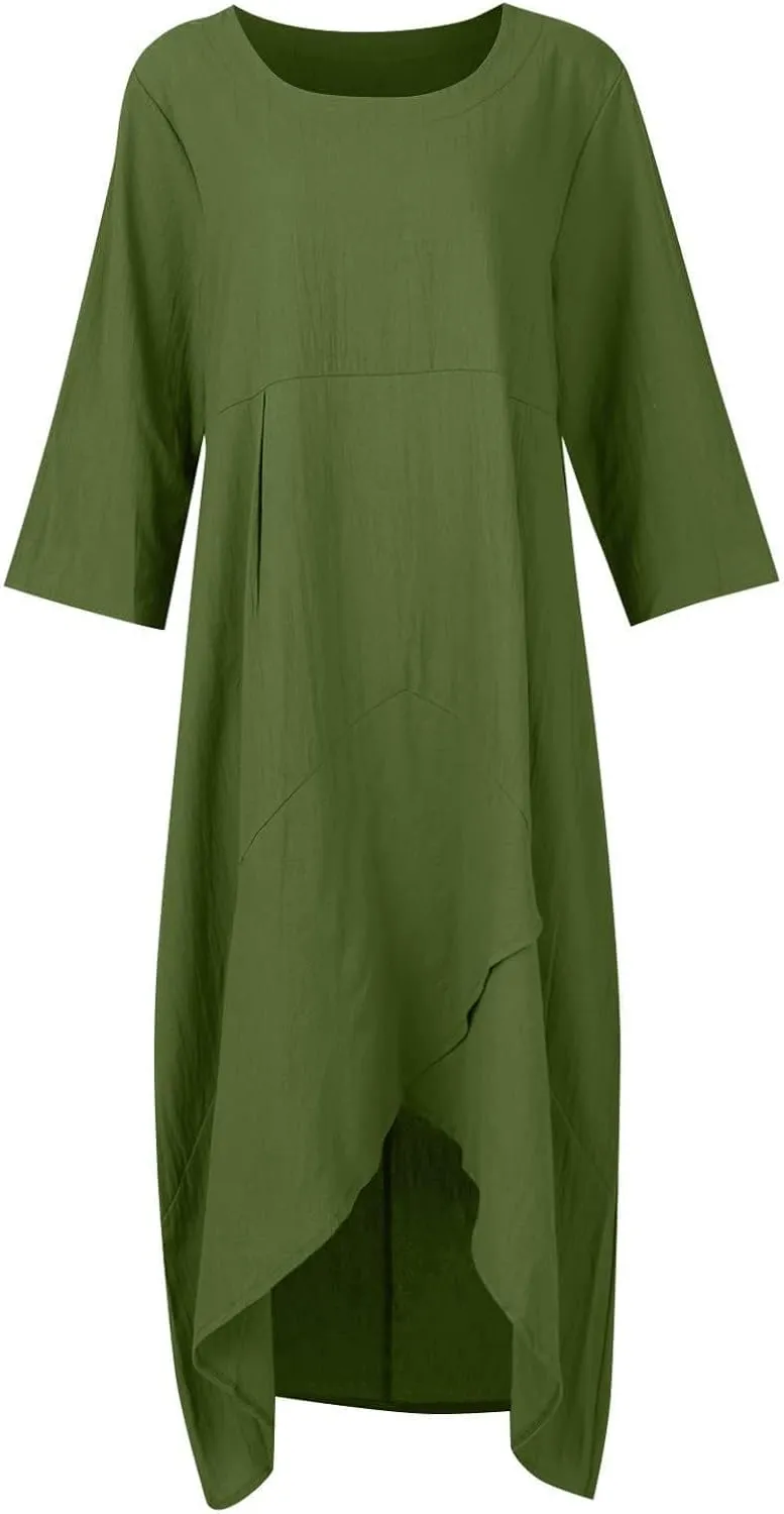 Women Summer Short Sleeve Cotton Linen Casual Loose Dress Oversized Crewneck Long Dress Solid Beach Flowy Dresses