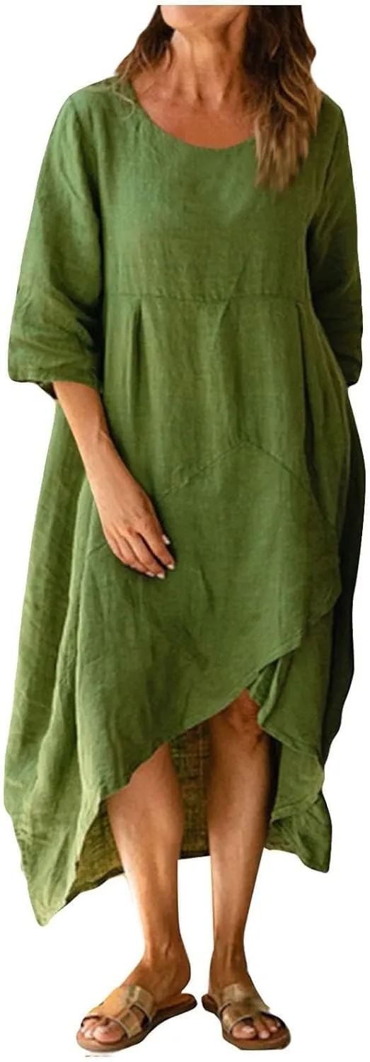 Women Summer Short Sleeve Cotton Linen Casual Loose Dress Oversized Crewneck Long Dress Solid Beach Flowy Dresses