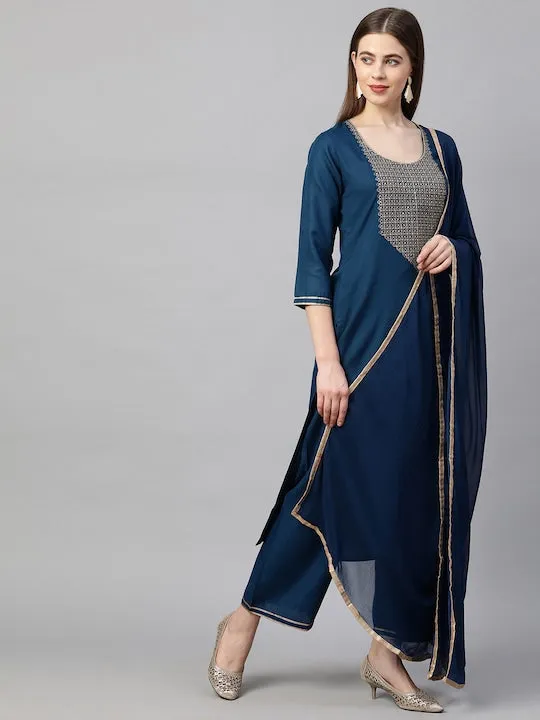 Women Teal Yoke Design Kurta with Palazzos & With Dupatta