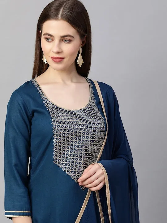 Women Teal Yoke Design Kurta with Palazzos & With Dupatta