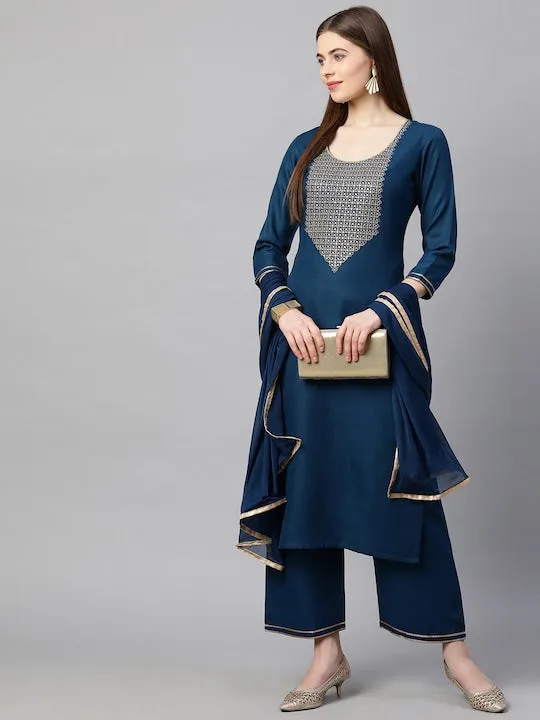 Women Teal Yoke Design Kurta with Palazzos & With Dupatta