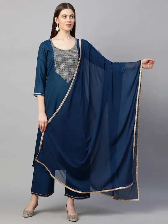 Women Teal Yoke Design Kurta with Palazzos & With Dupatta