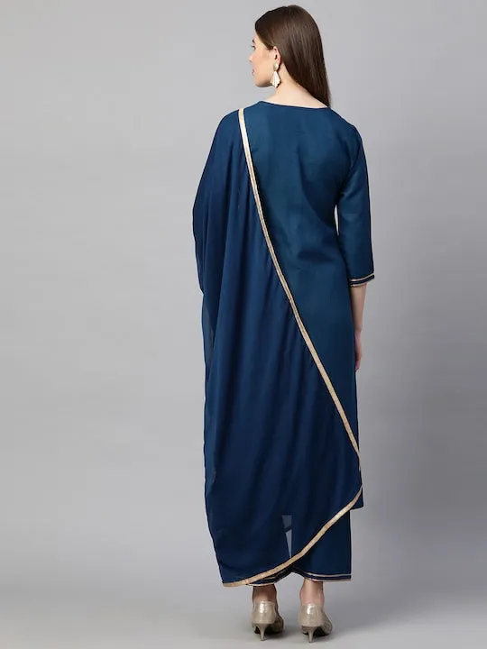 Women Teal Yoke Design Kurta with Palazzos & With Dupatta