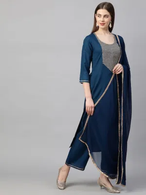 Women Teal Yoke Design Kurta with Palazzos & With Dupatta