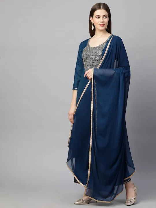 Women Teal Yoke Design Kurta with Palazzos & With Dupatta