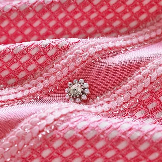 Women Tweed Two Pieces Pink Suit Short Sleeve Skirt Set