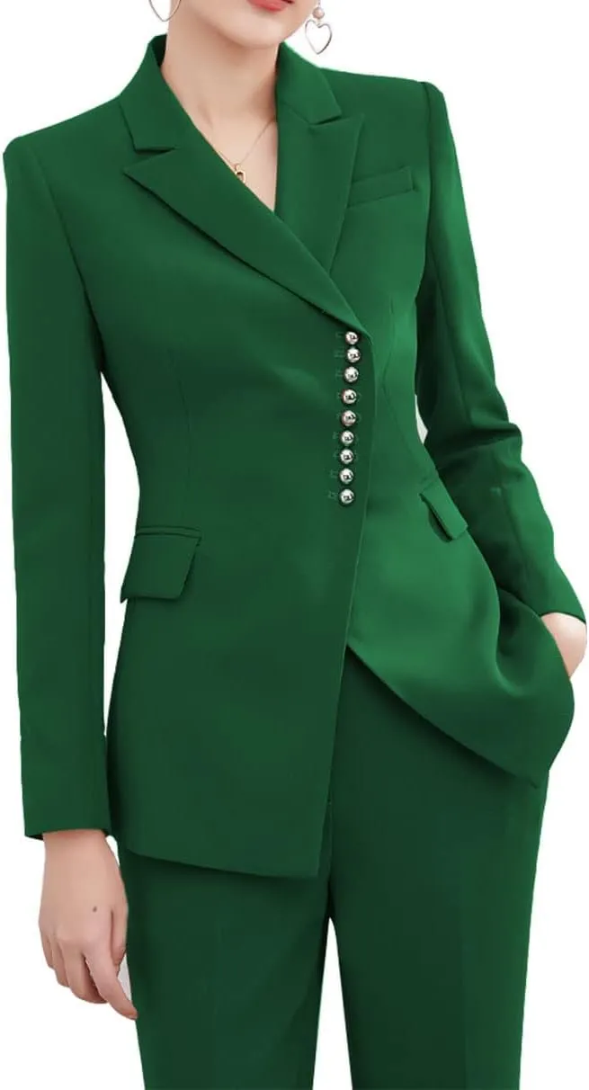 Women's 2 Piece Business Suits Blazer Pant Slim Fit Office Lady Suits Buttons