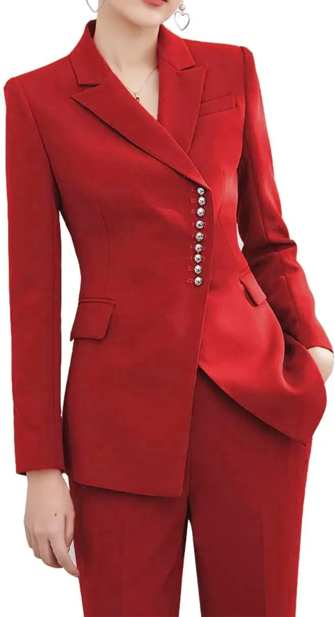 Women's 2 Piece Business Suits Blazer Pant Slim Fit Office Lady Suits Buttons