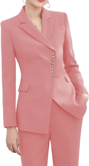 Women's 2 Piece Business Suits Blazer Pant Slim Fit Office Lady Suits Buttons