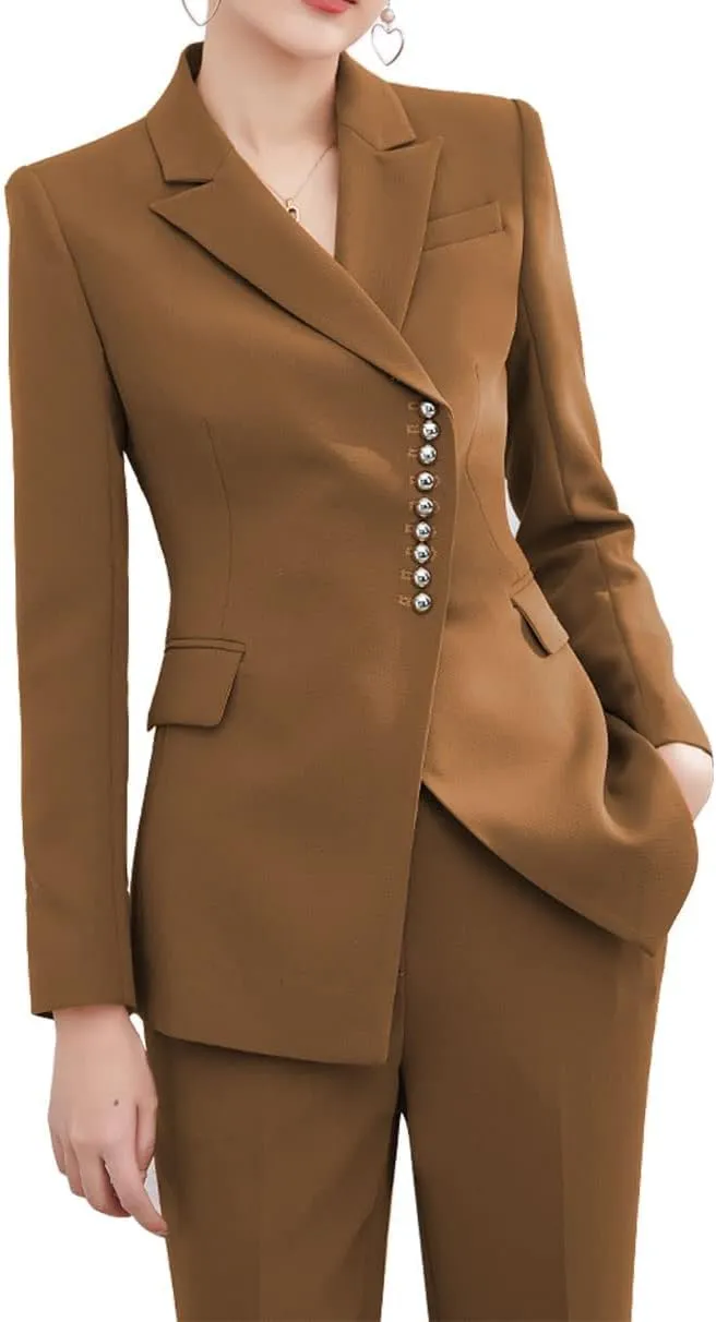 Women's 2 Piece Business Suits Blazer Pant Slim Fit Office Lady Suits Buttons