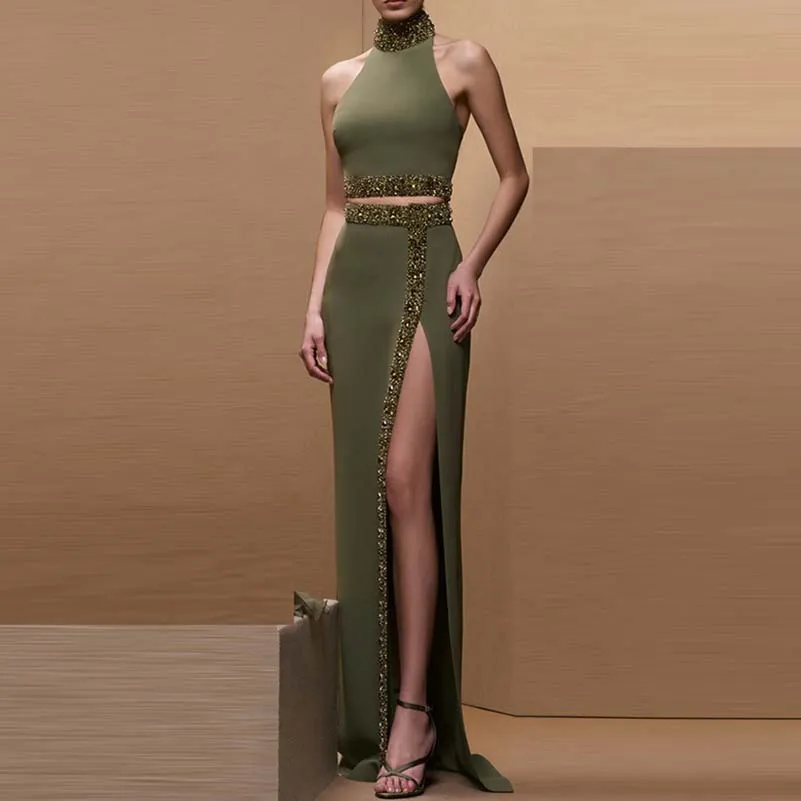 Women's 2 Pieces Outfits Crop Top & High Waist Long Skirt Dress Set