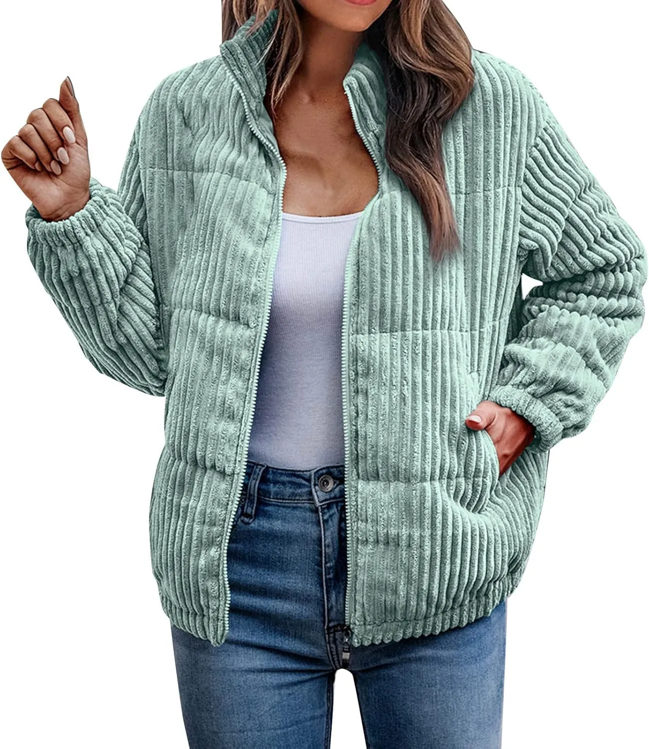 Womens 2024 Fashion Thick Solid Zipper Quilted Overcoat Long Sleeve Casual Breadwear Comfy Warm Jacket Coat Daily Suits