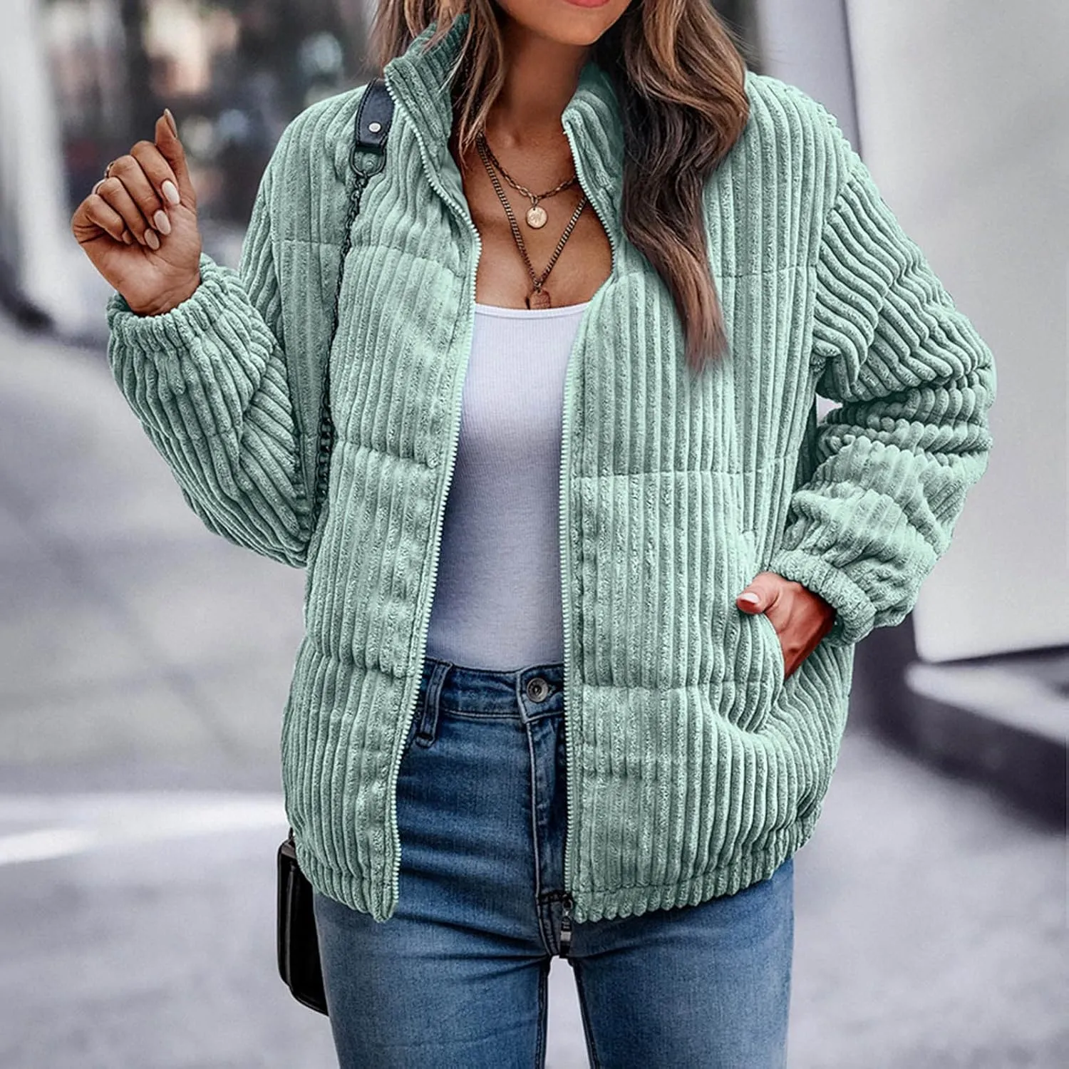 Womens 2024 Fashion Thick Solid Zipper Quilted Overcoat Long Sleeve Casual Breadwear Comfy Warm Jacket Coat Daily Suits