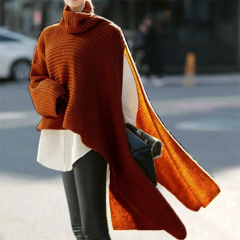 Women's Asymmetric Turtleneck Long Sleeve Side Split Knit Sweater