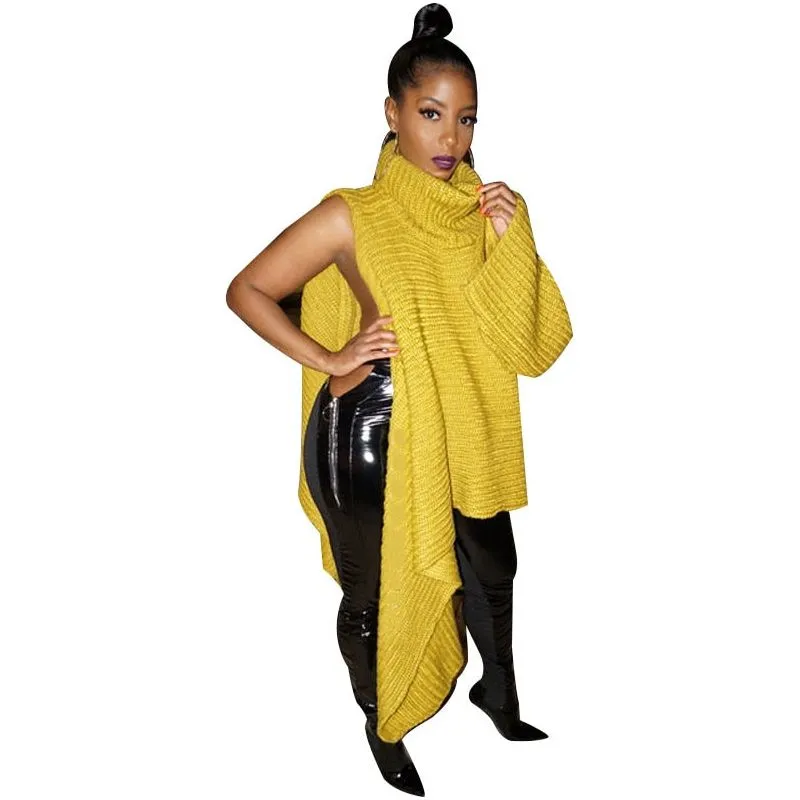 Women's Asymmetric Turtleneck Long Sleeve Side Split Knit Sweater