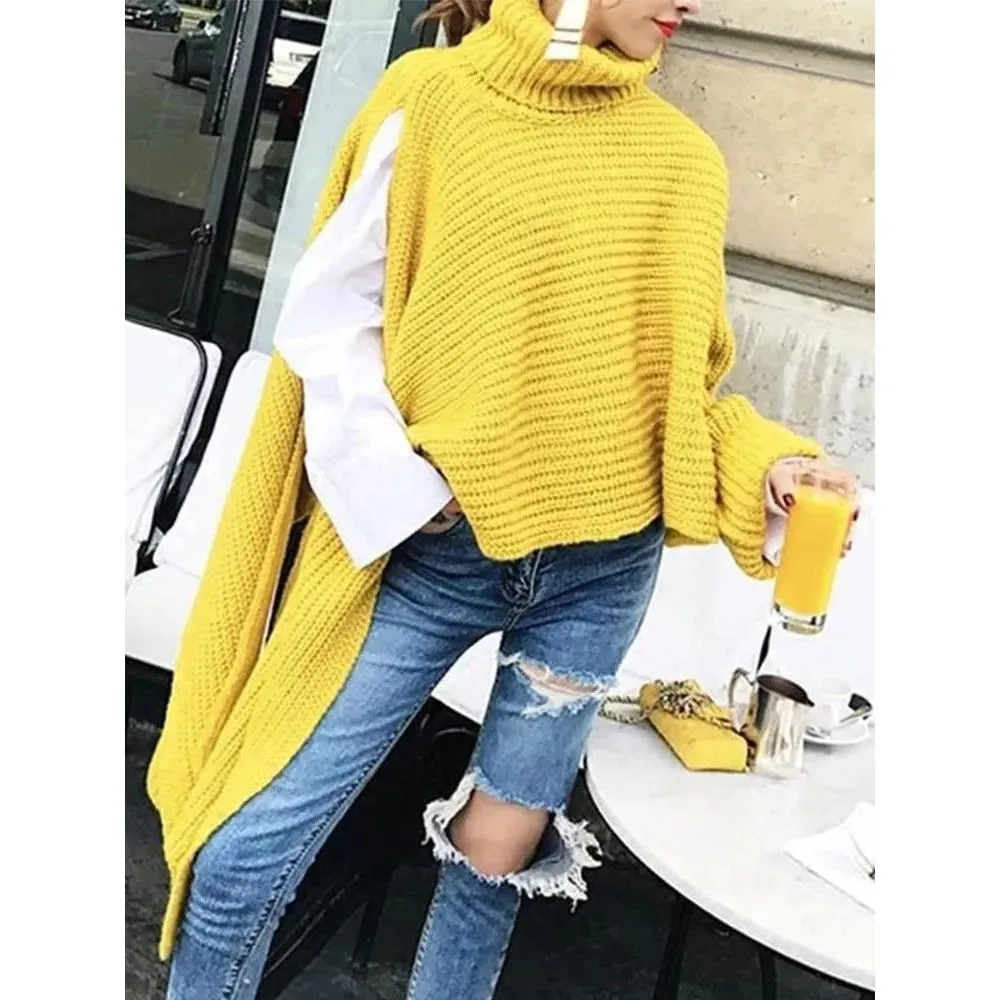 Women's Asymmetric Turtleneck Long Sleeve Side Split Knit Sweater