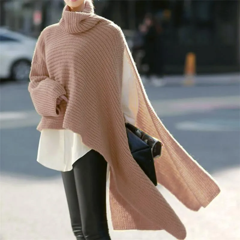 Women's Asymmetric Turtleneck Long Sleeve Side Split Knit Sweater