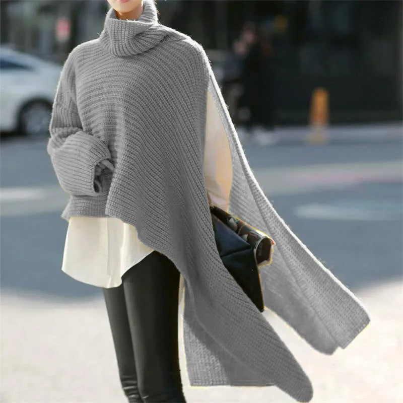 Women's Asymmetric Turtleneck Long Sleeve Side Split Knit Sweater