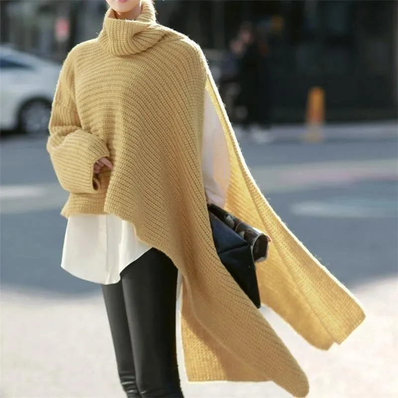 Women's Asymmetric Turtleneck Long Sleeve Side Split Knit Sweater