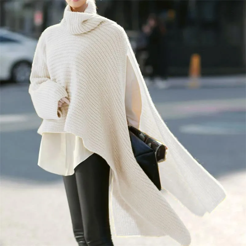 Women's Asymmetric Turtleneck Long Sleeve Side Split Knit Sweater