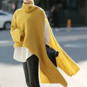 Women's Asymmetric Turtleneck Long Sleeve Side Split Knit Sweater